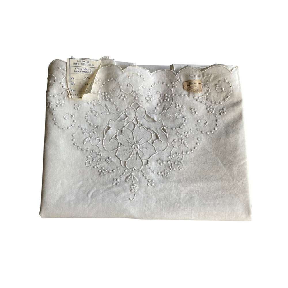 Vintage Madeira Hand Embroidered White Cotton Floral Cutwork Pillowcase Set of 2